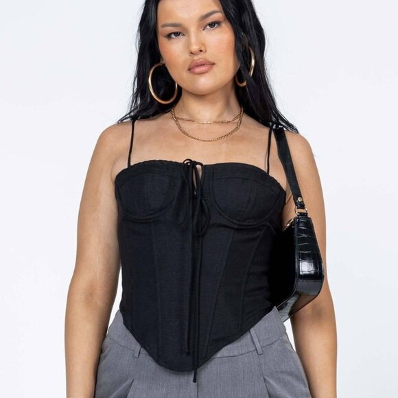 NWT Lioness Del Gato Corset Top Black Linen Blend Spaghetti Straps Sz M - Picture 1 of 7